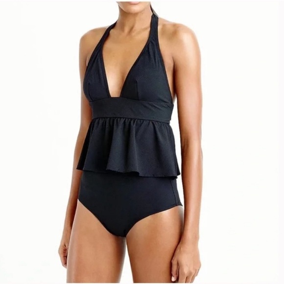 J. CREW - Swim Halter Peplum Tankini In Pique Black - Picture 7 of 10